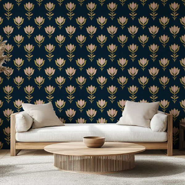 Florence Broadhurst Inspired Vintage Floral Elegance with Gold Accents Wallpaper