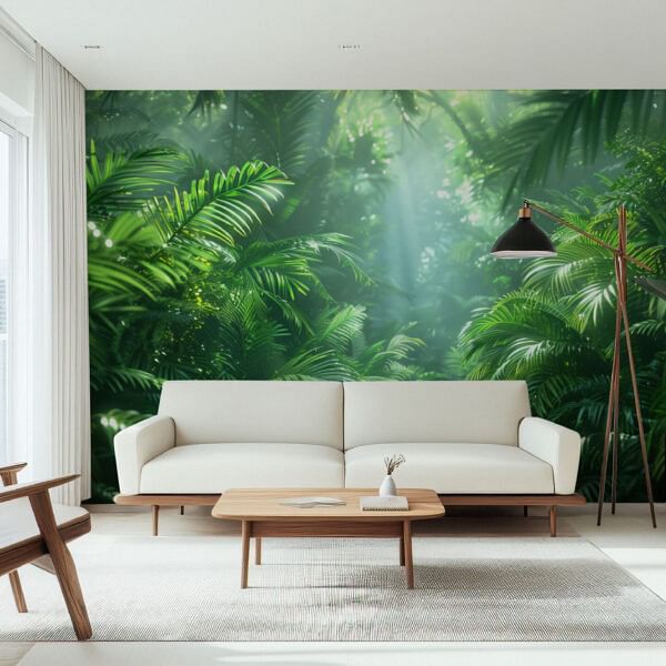 Lush Green Tropical Jungle Oasis Wallpaper