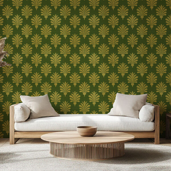 Florence Broadhurst Inspired Green Art Deco Leaves Wallpaper